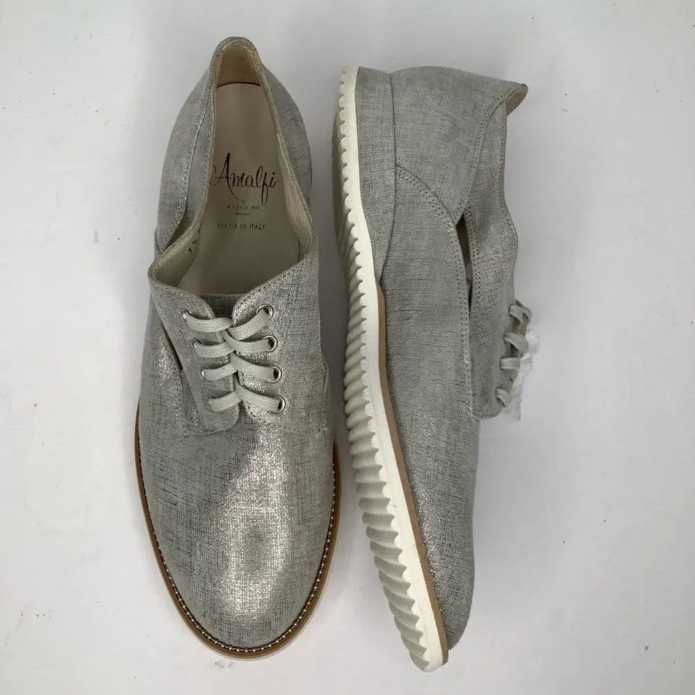Amalfi by Rangoni Silver Textile/Leather Lace Tie Oxford Women Shoes Sz 7.5